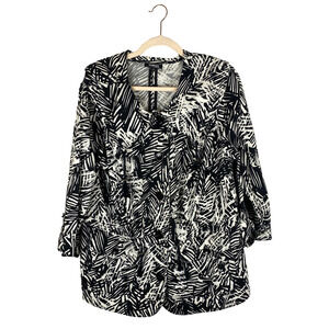 Elementz Jacket Blazer Sz 2X Plus Cinched Waist Black White Palm 3/4 Sleeve